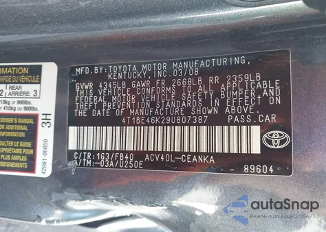 2009 Toyota Camry Le из США, поврежденный, VIN 4T1BE46K29U807387